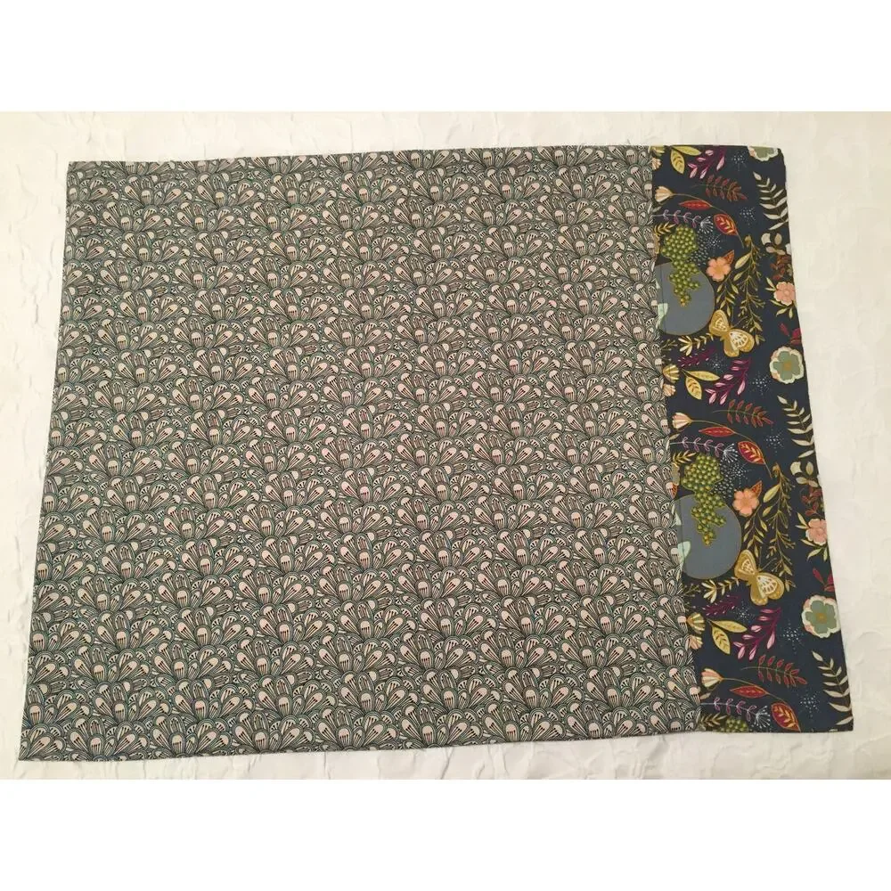 One Handmade Cotton Pillowcase: Abstract Design, Gray and Pink with Floral Band